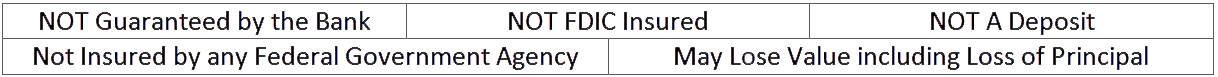 Not Guaranteed by the Bank. Note FDIC Insured. NOT A Deposit. Not Insured by a Federal Government Agency. May Lose Value including Loss of Principal.